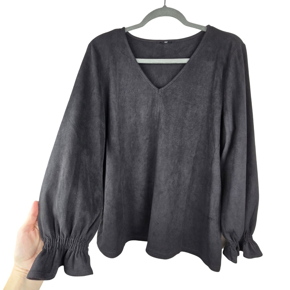 Joh Faux Suede Top Women Medium Black V-Neck Smocked Ruffle Sleeve Bohemian